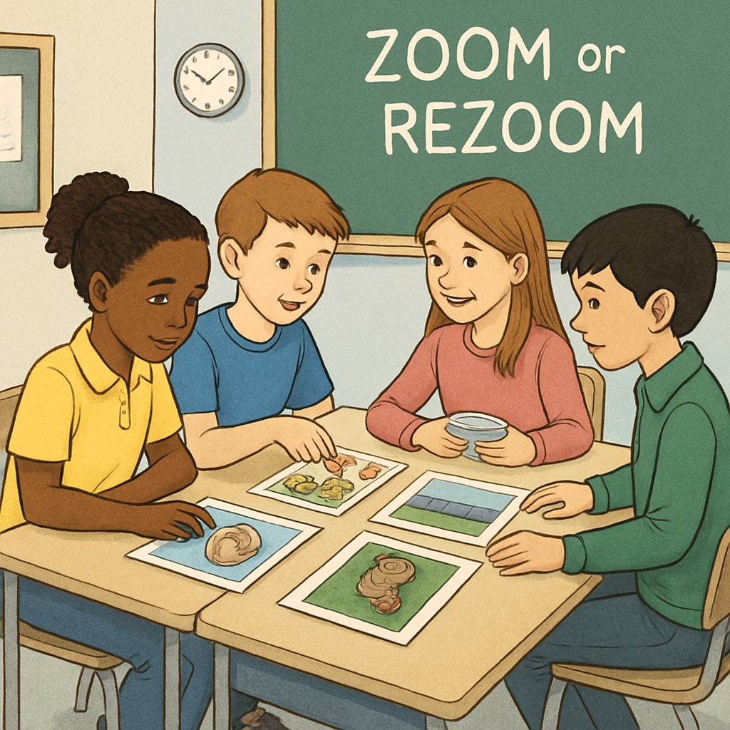 A classroom setting where students are engaged in a Zoom or ReZoom activity, analyzing picture cards together. Students engaged in Zoom and ReZoom teaching activities analyzing picture cards.
