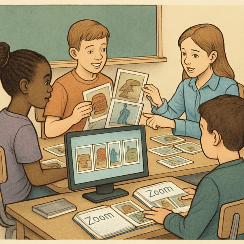 A classroom engaging in Zoom and ReZoom activities with students collaborating on image sequences. Students working together on Zoom and ReZoom image sequences to maintain answer order.