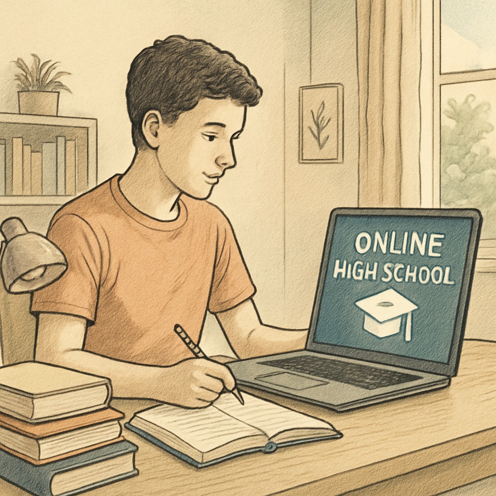 A student studying at home using a laptop, representing online high school education. The image emphasizes the flexibility of online learning. Online high school diploma, U.S. credit system, academic recovery