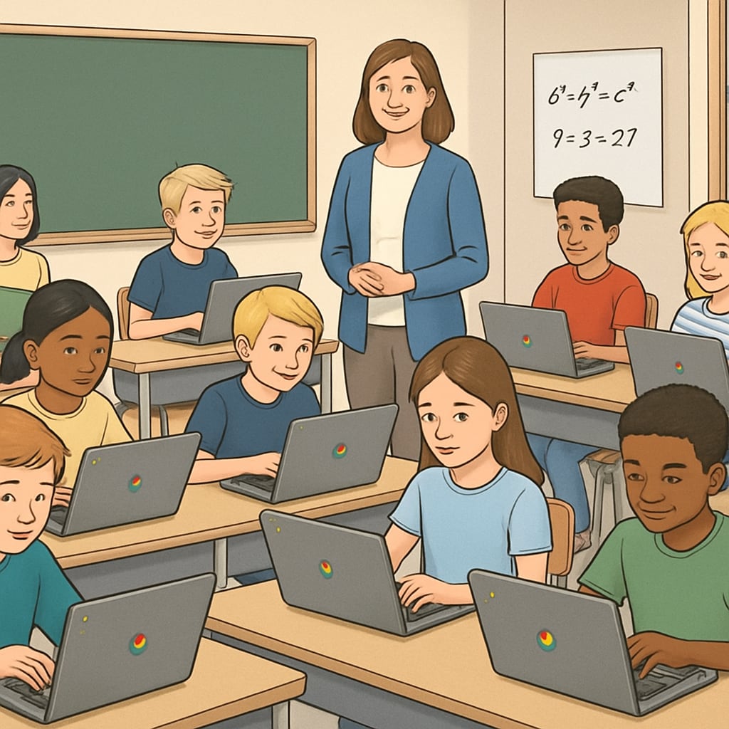 A classroom filled with students using Chromebooks, illustrating the integration of technology into education. Students using Chromebooks in a classroom, demonstrating educational technology.