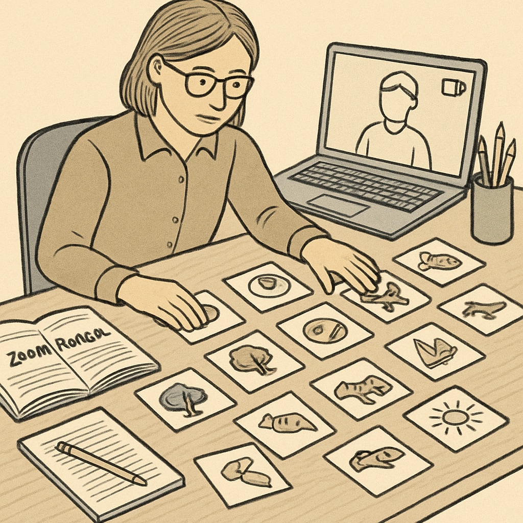 An educator organizing picture cards for a Zoom/ReZoom activity in preparation for a lesson. Educator preparing picture cards for Zoom and ReZoom teaching activities.