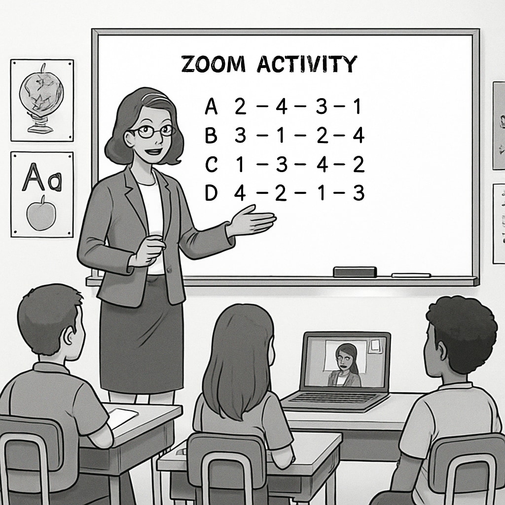 A teacher using a whiteboard to organize answer sequences during a Zoom activity in a K12 classroom. Educator demonstrating answer sequence organization for Zoom activities.