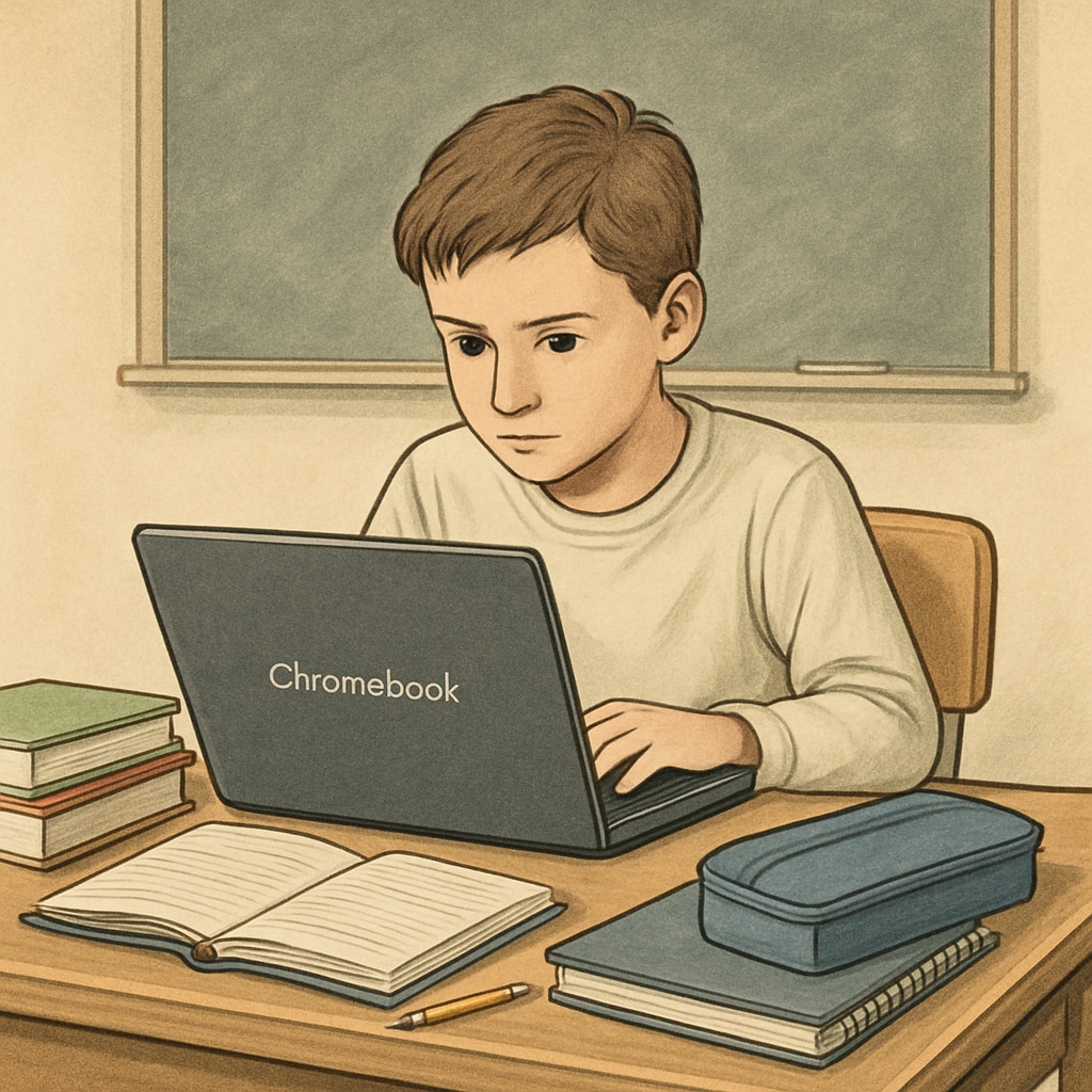 A student staring at a Chromebook screen, conveying the potential over-reliance on technology in education. Student focused on a Chromebook, highlighting challenges of technology reliance.