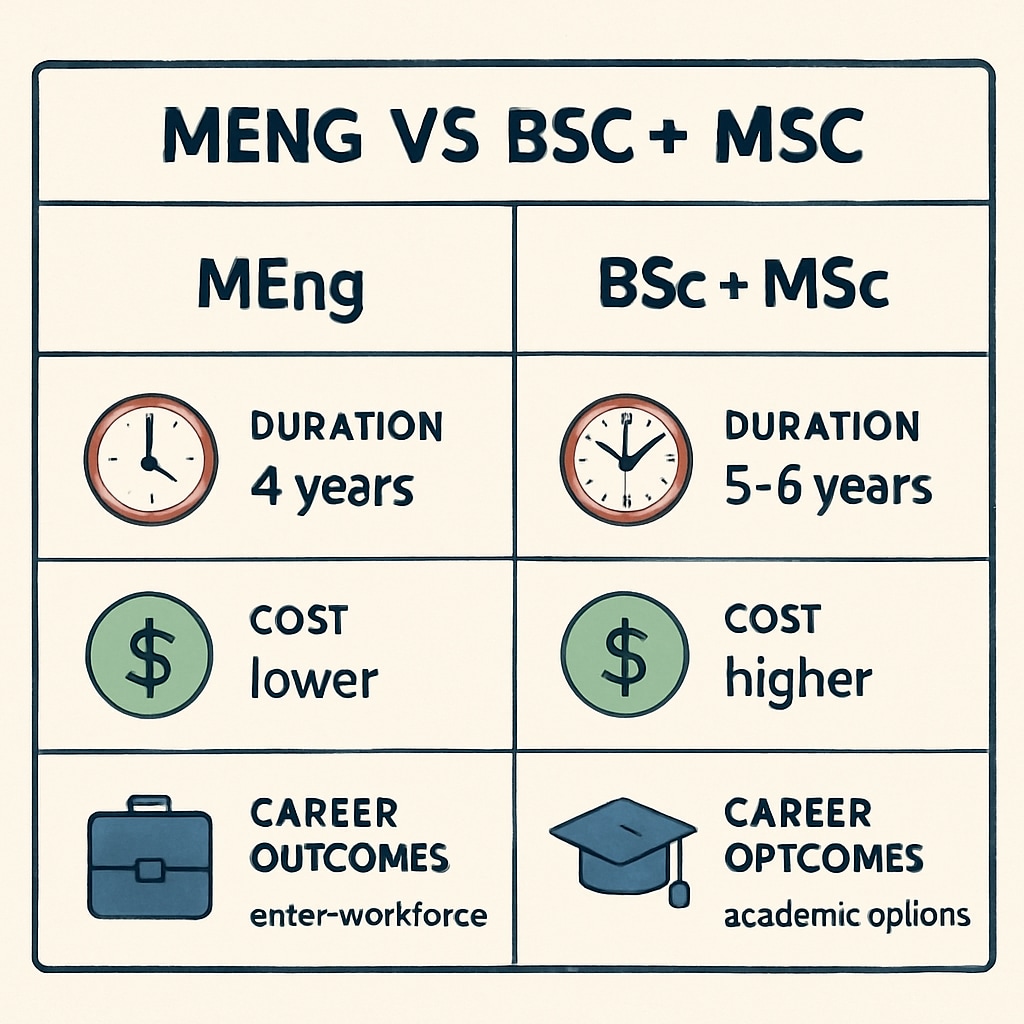 A comparison chart outlining the differences between MEng and BSc+MSc programs, highlighting factors such as duration, cost, and career outcomes. Design engineering degree comparison between MEng and BSc+MSc programs