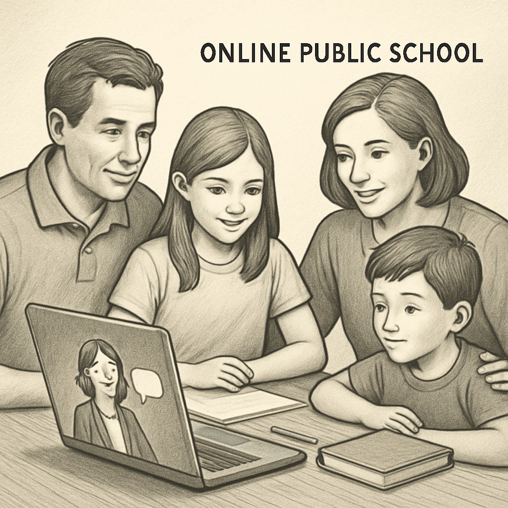 A family sitting together at a table with a laptop, symbolizing remote learning in an online public school setting. Family participating in remote learning for online public school education.