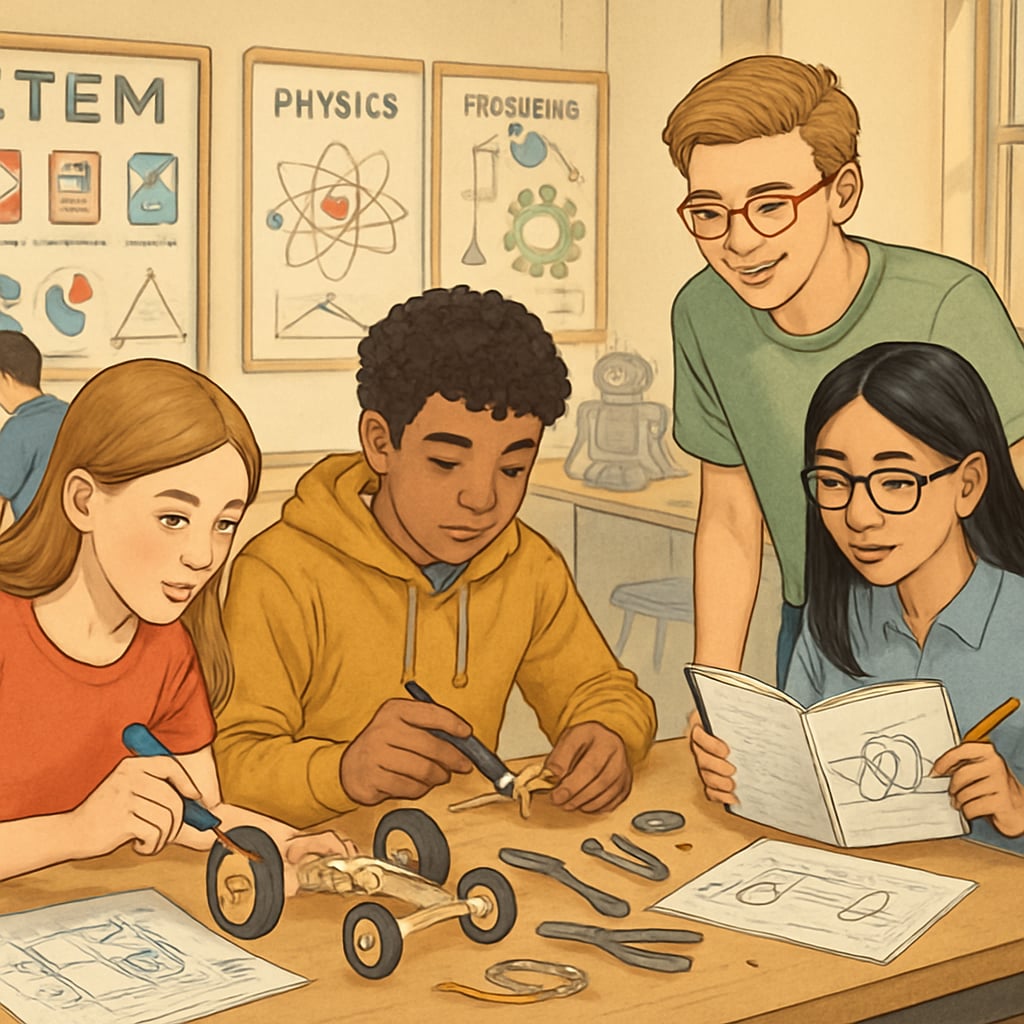 A classroom setting where high school students are engaged in a hands-on STEM project, showcasing early exposure to engineering concepts. High school students working on STEM projects to explore engineering pathways.