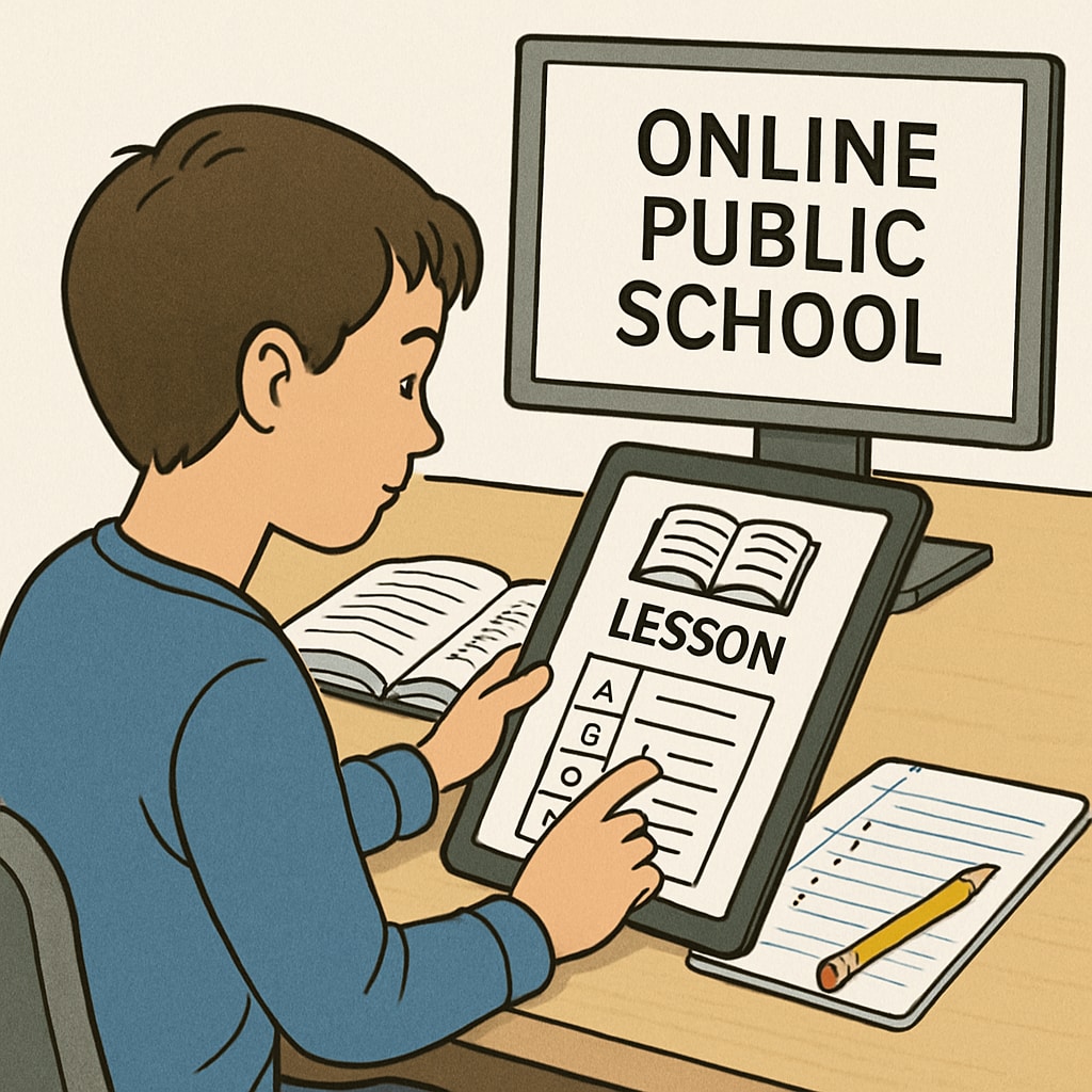 A student using a tablet to complete an interactive lesson, showcasing the integration of technology in online public education. Student engaging in an interactive lesson using technology in online public school.