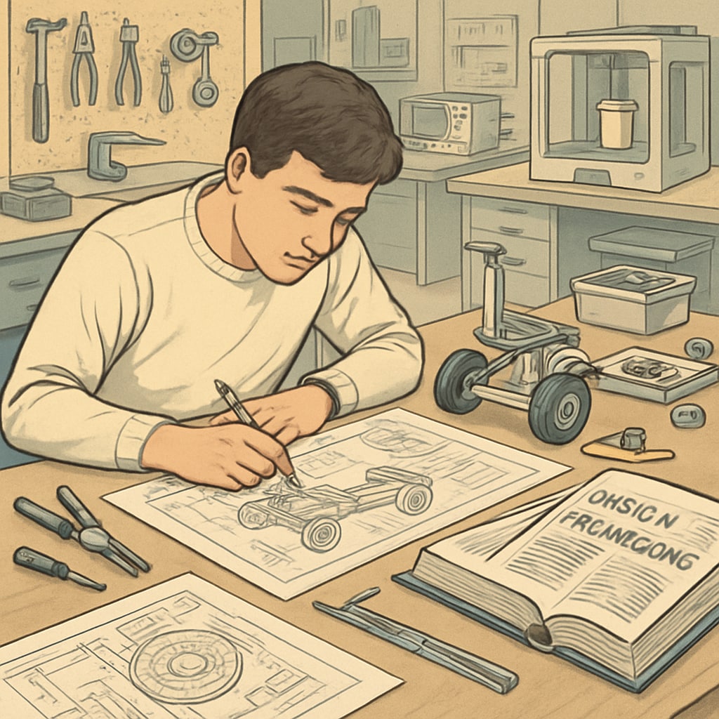 A student working on a design engineering project in a university lab, illustrating the applied learning aspect of MEng programs. Design engineering student in a university lab during an MEng program