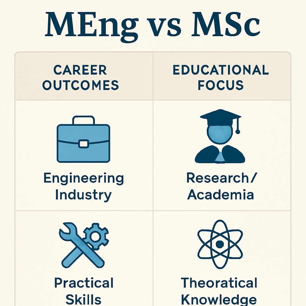 A comparison chart illustrating the differences between MEng and MSc programs, emphasizing career outcomes and educational focus. A comparison between MEng and MSc degrees for design engineering career planning.