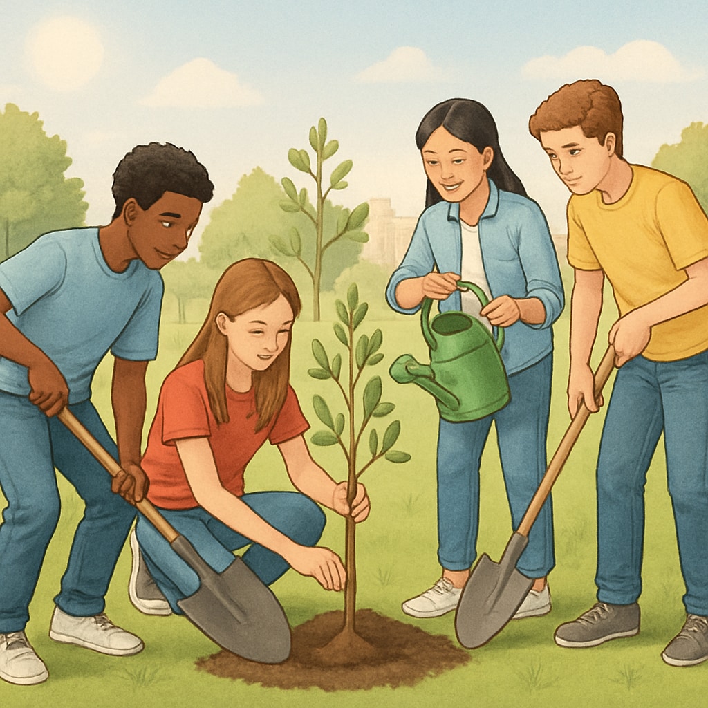 A diverse group of students participating in a community service project, planting trees together. The image highlights extracurricular involvement. Students engaging in community service to build a holistic profile for U.S. graduate studies.