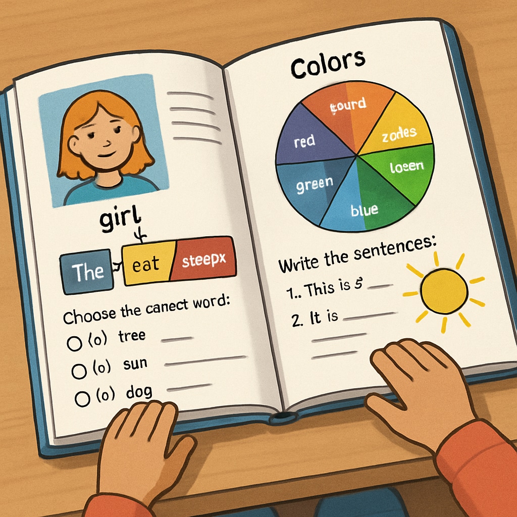 A colorful illustration of a child flipping through a language textbook, with vibrant diagrams and interactive questions visible. A child exploring the