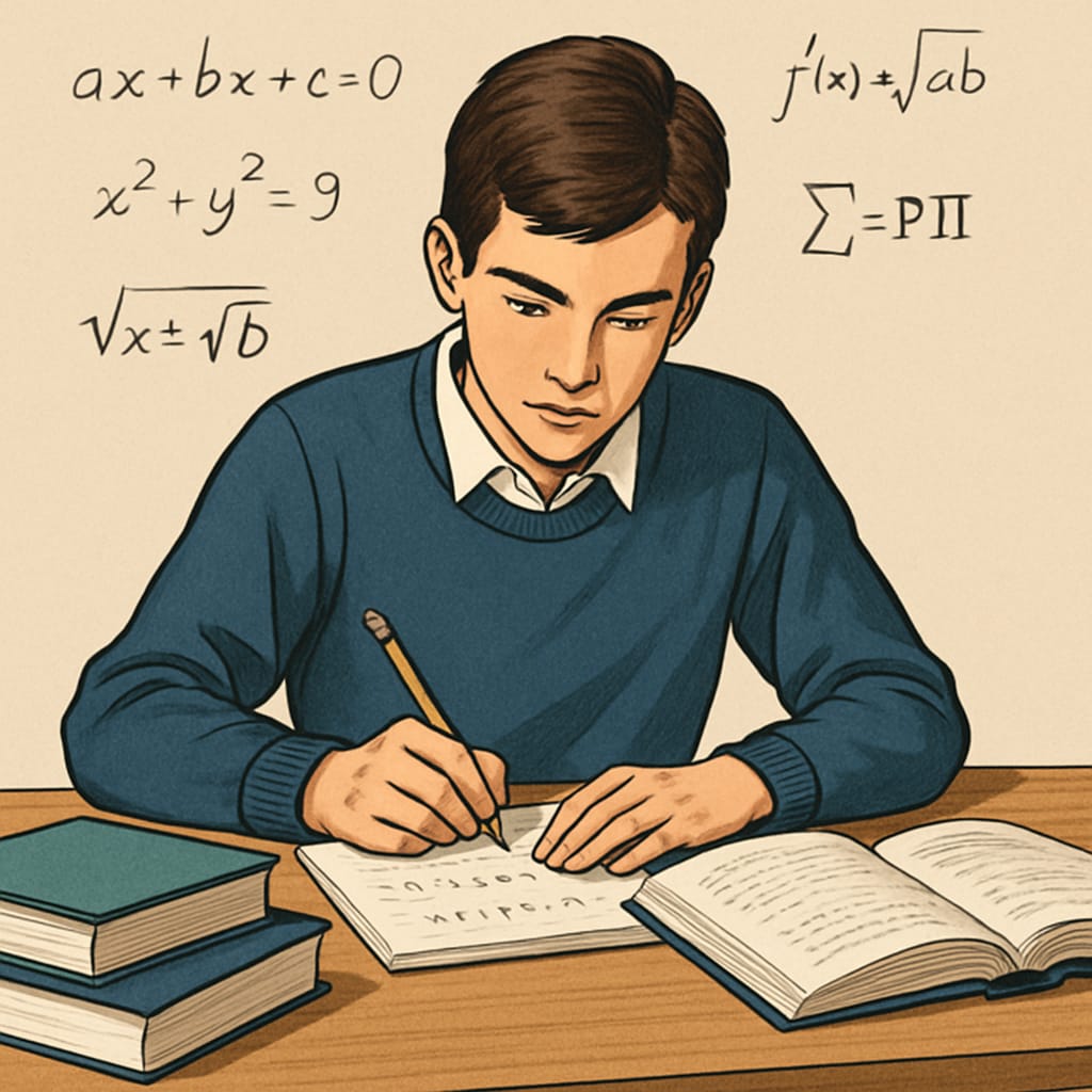 A high school student solving mathematical problems at a desk, representing academic passion and exploration. High school student engaged in math activities, reflecting academic passion.