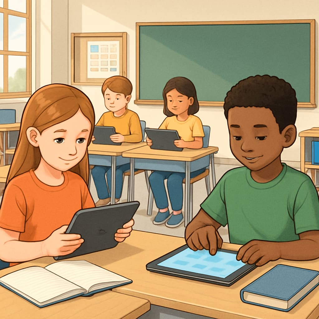 A modern classroom with children using digital tablets, drawing parallels to the interactive methods pioneered by A technologically advanced classroom highlighting the legacy of interactive teaching methods.