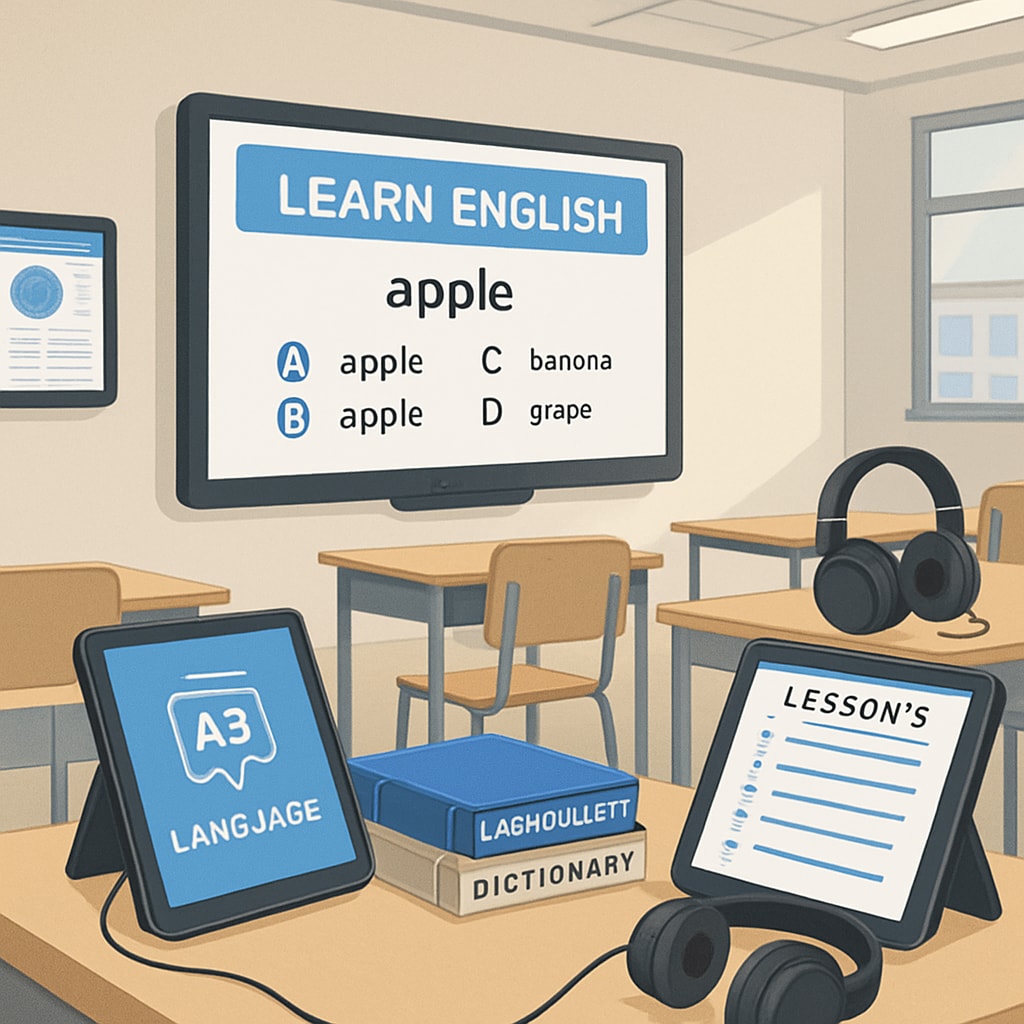 A modern classroom equipped with digital language learning tools, illustrating the contrast with traditional textbooks. Modern language classroom with digital tools, contrasting with