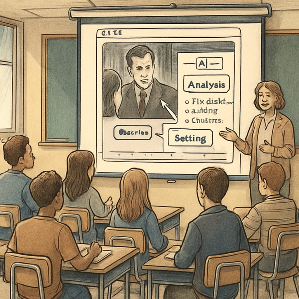 High school students using AI tools to analyze media content.