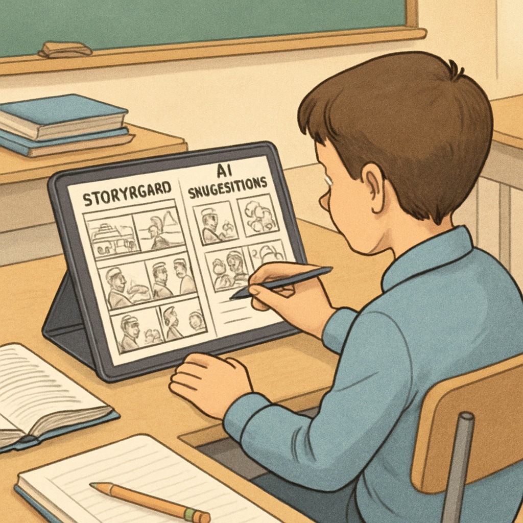 A student refining a digital storyboard with AI assistance.