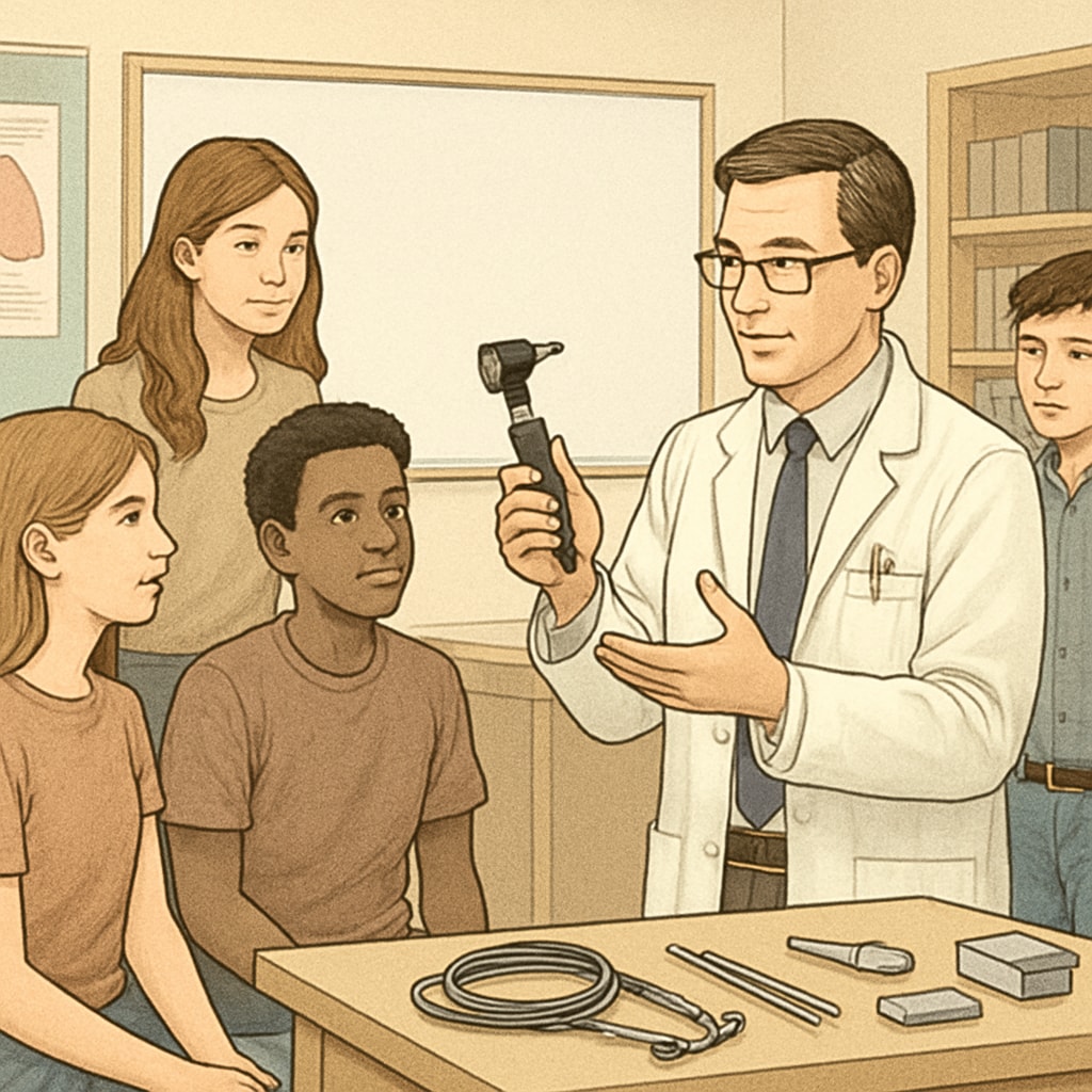 A group of high school students observing a doctor demonstrating a medical instrument during a career workshop. Students learning about medical instruments during a career counseling session with a doctor.