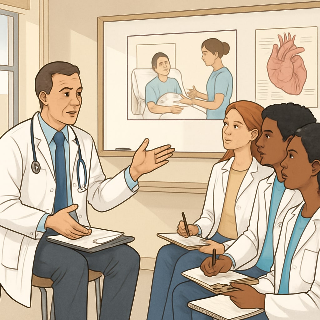 A doctor sitting with a group of curious students, explaining a patient care scenario in an interactive session. Doctor mentoring students about patient care during a career guidance event.