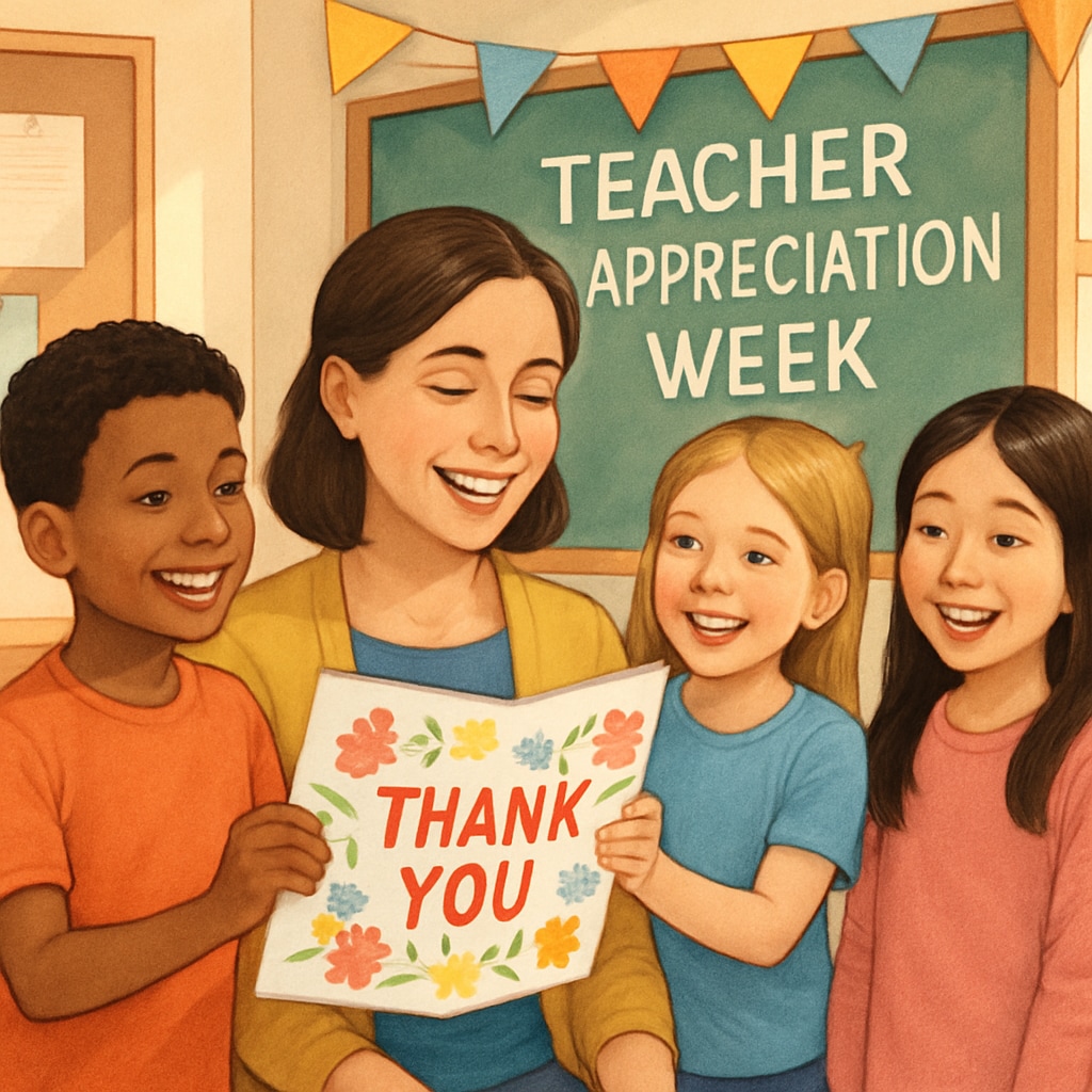 Students giving a handmade thank-you card to their teacher, representing appreciation and classroom relationships.