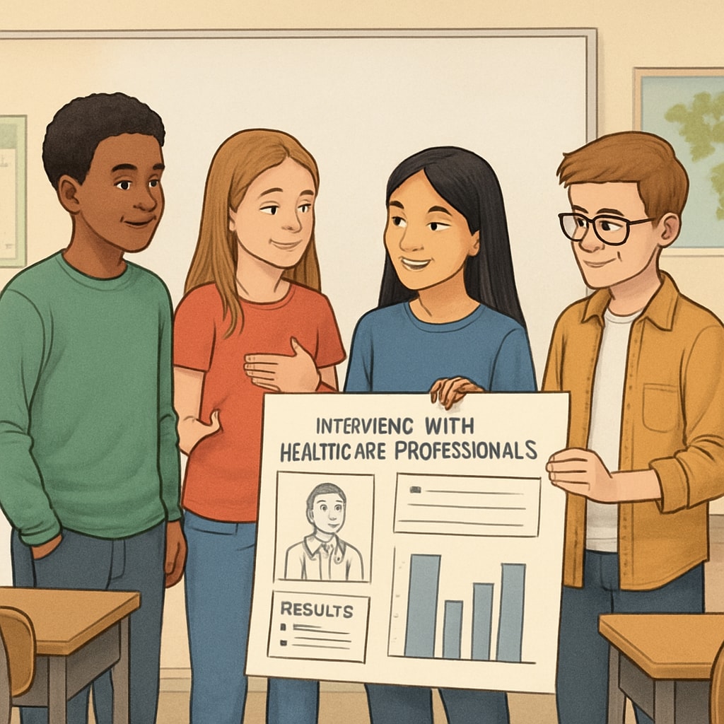 Students presenting insights from medical career interviews during a school project.