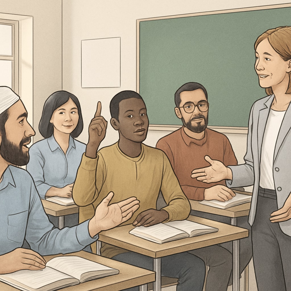 A classroom setting with adult international students interacting with a teacher, showcasing diverse cultural backgrounds. Adult education, cultural adaptation, foundational knowledge in a classroom setting.