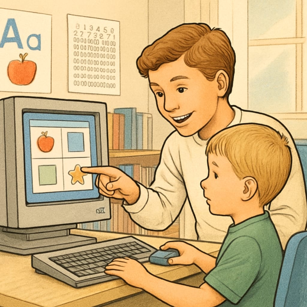 A fourth-grade student guiding a kindergartener through a simple educational computer game, emphasizing collaboration and mentorship. Fourth-grade student mentoring kindergartener in a computer activity.