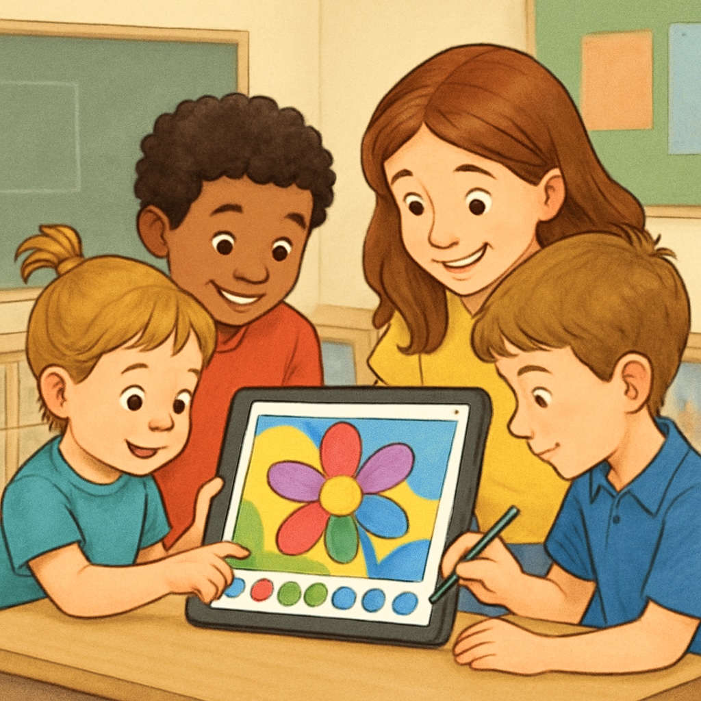 Kindergarten and fourth-grade students jointly working on a colorful digital art project on a tablet. Kindergarten and fourth-grade buddies collaborating on a digital art project.