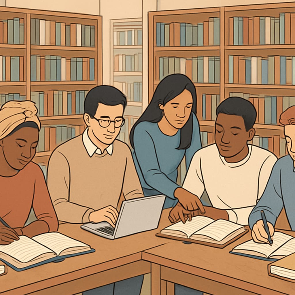 A diverse group of international students studying together in a library, showcasing an inclusive learning environment. International students learning foundational knowledge in a library setting.