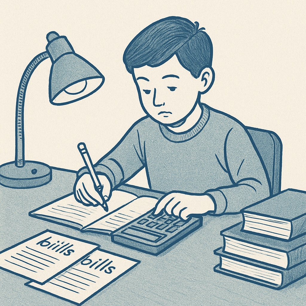 A young student calculating household expenses using a calculator and notebook to highlight the practical applications of math. Student learning math through real-world applications.