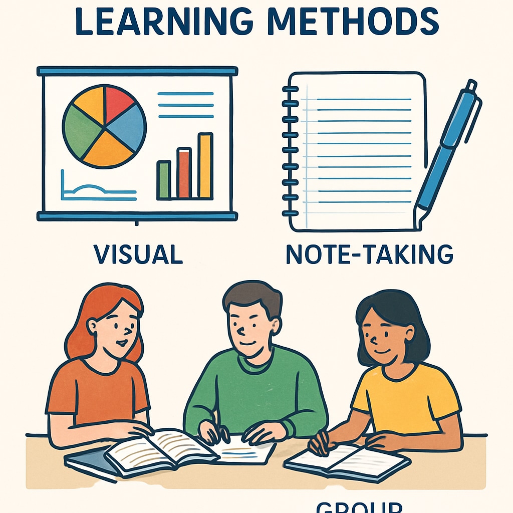 An illustration showcasing diverse learning methods, such as visual aids, note-taking, and collaborative study sessions. Diverse learning methods including visual aids and group studies for research survey on education.