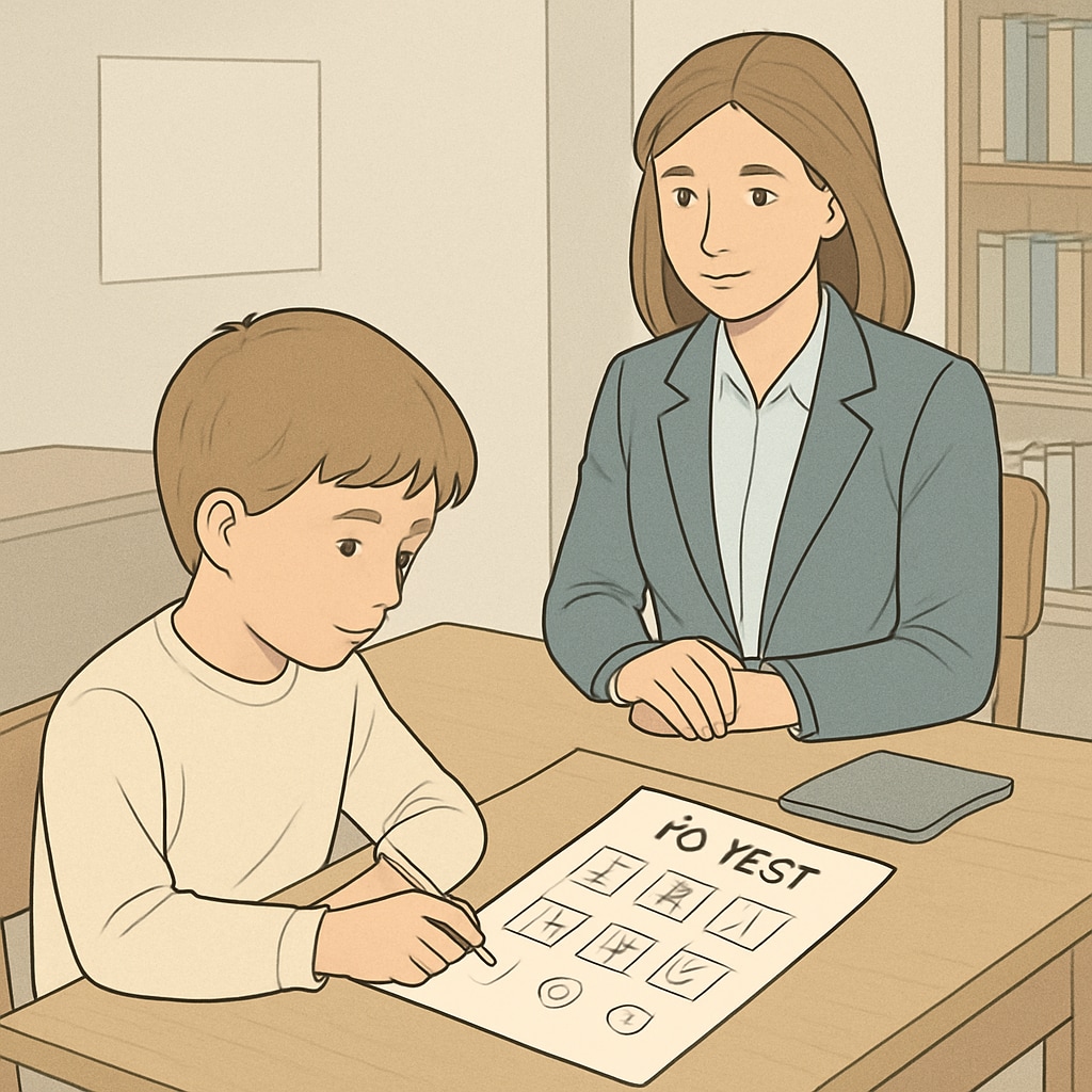 A young child taking an IQ test in a quiet and professional setting, supervised by a trained examiner. A child taking an IQ test in a professional setting for gifted evaluation.