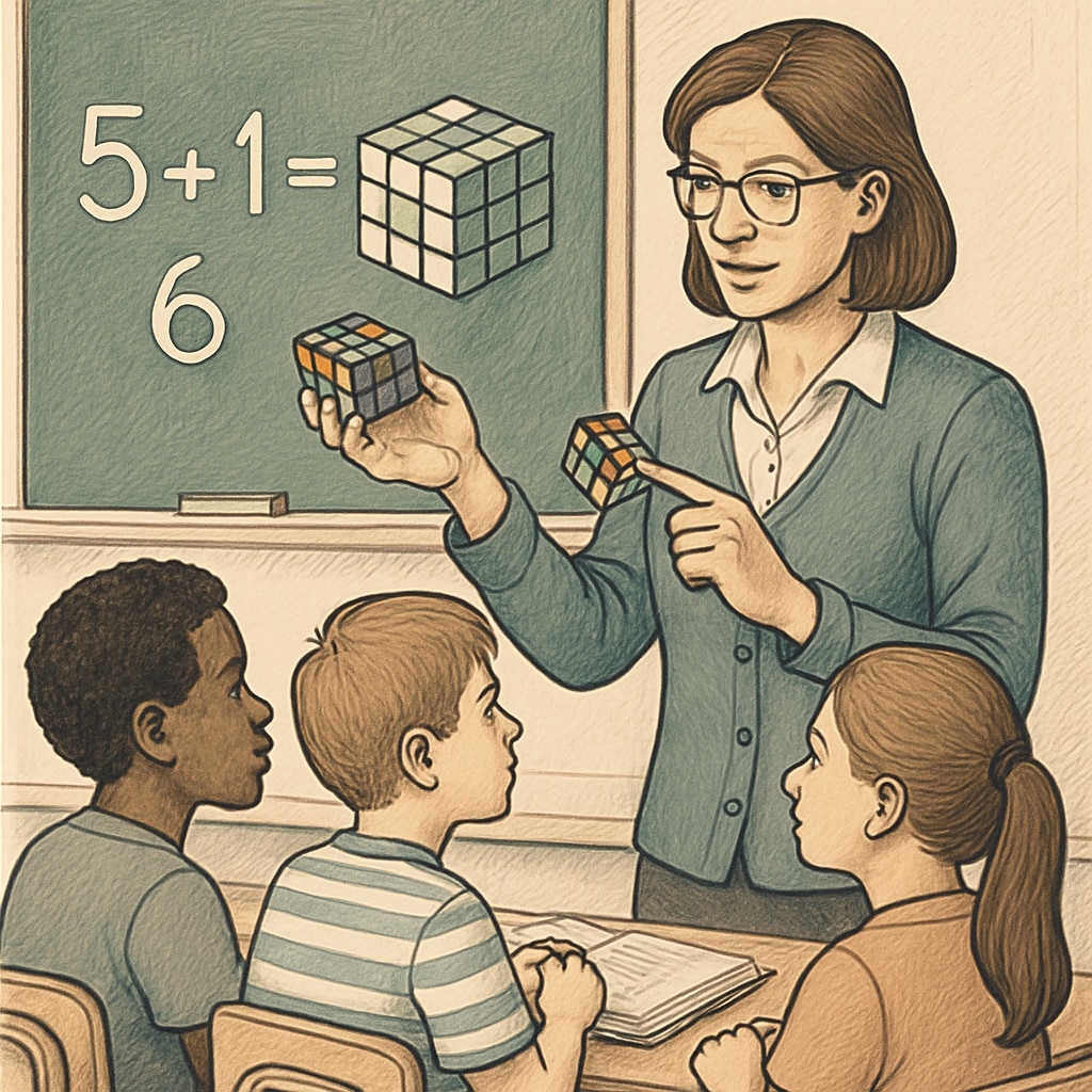 An educator guiding students through a Rubik's cube to illustrate logical thinking and problem-solving skills in math education. Educator teaching logical thinking through puzzles.