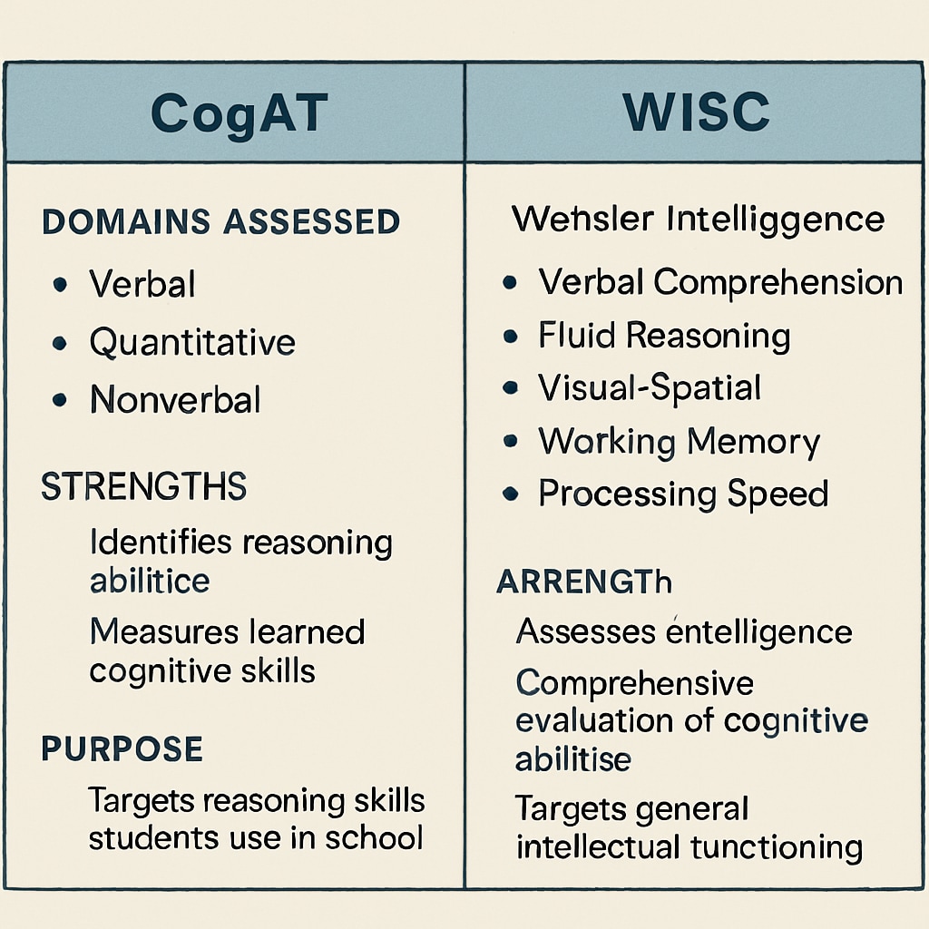 A detailed chart comparing the domains assessed by CogAT and WISC, highlighting their strengths and targeted purposes. A comparison chart of CogAT and WISC intelligence tests for gifted children.