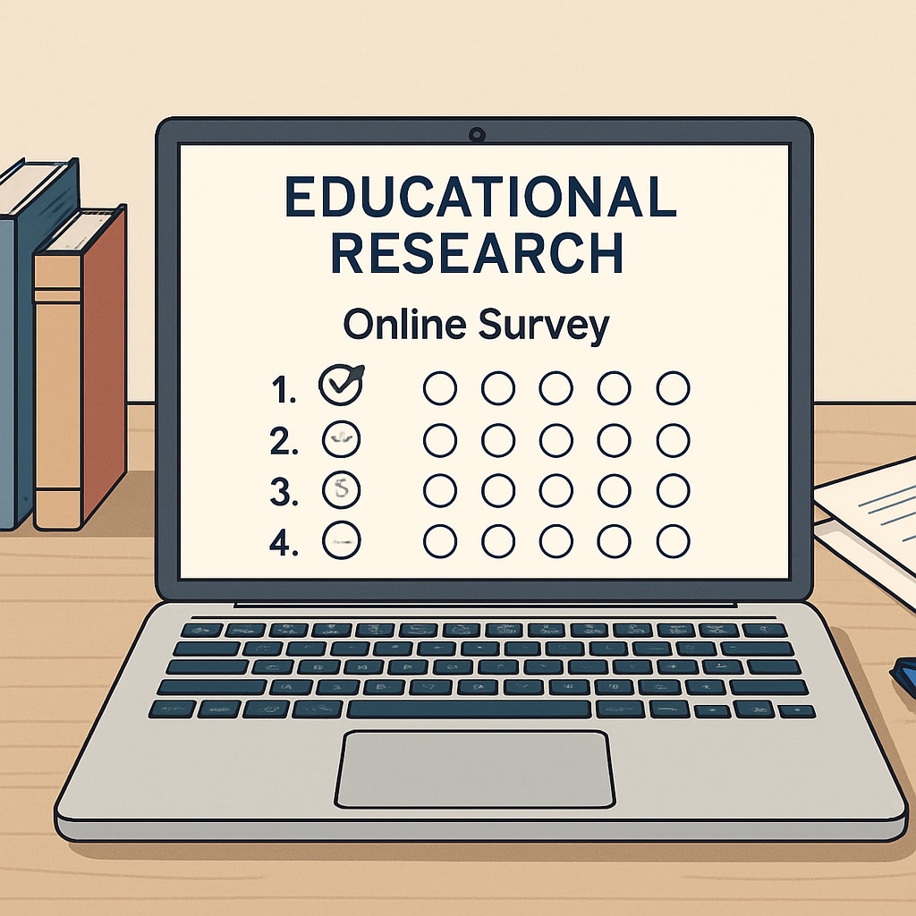 A graphic depicting an online survey being filled out on a laptop, symbolizing active participation in educational research. Online survey participation for learning methods research.