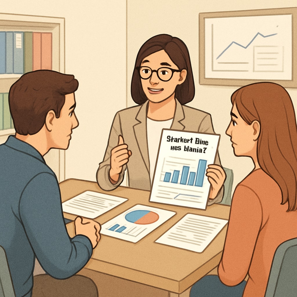 A psychologist explaining Stanford-Binet test results to parents, highlighting the child’s cognitive strengths and areas of improvement. Psychologist discussing Stanford-Binet results with parents of a gifted child.