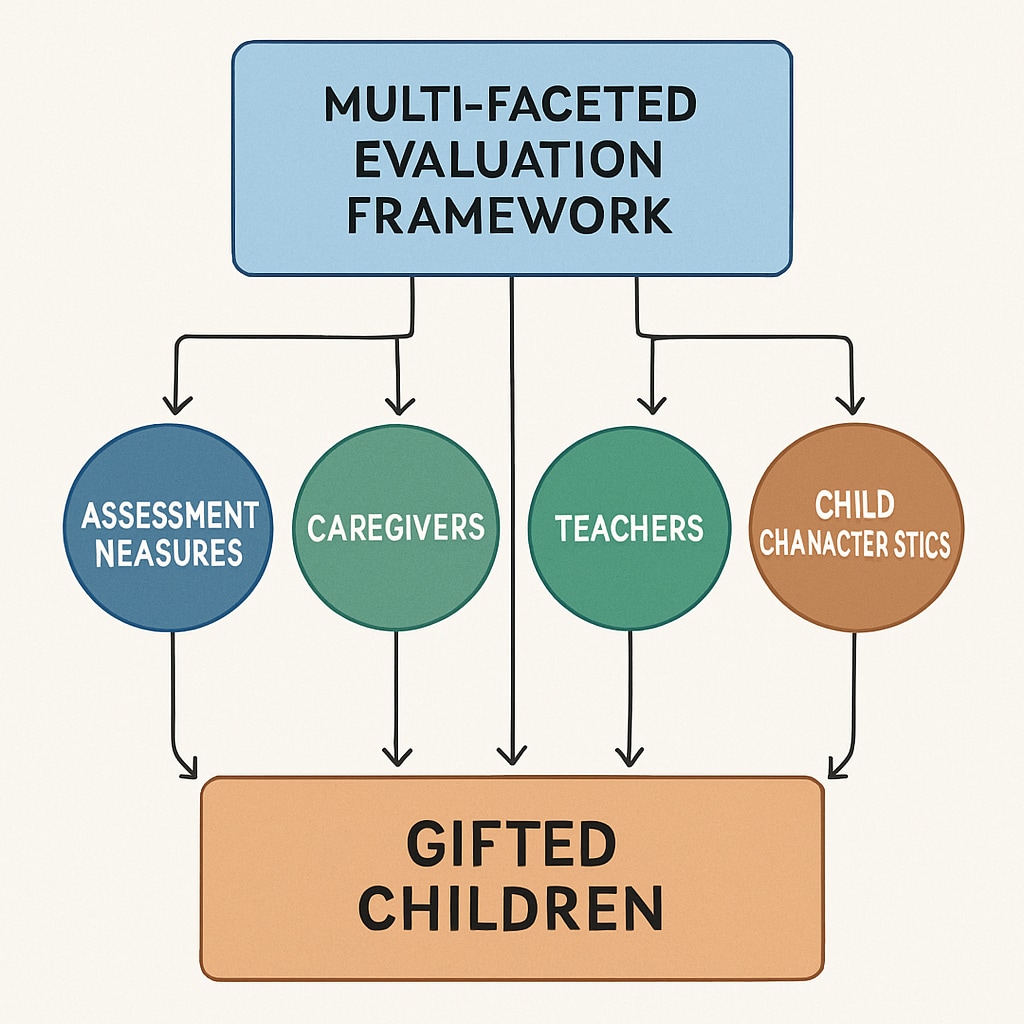 A conceptual diagram showing the components of a multi-faceted evaluation framework for gifted children. Diagram of a multi-faceted evaluation system for identifying gifted children.