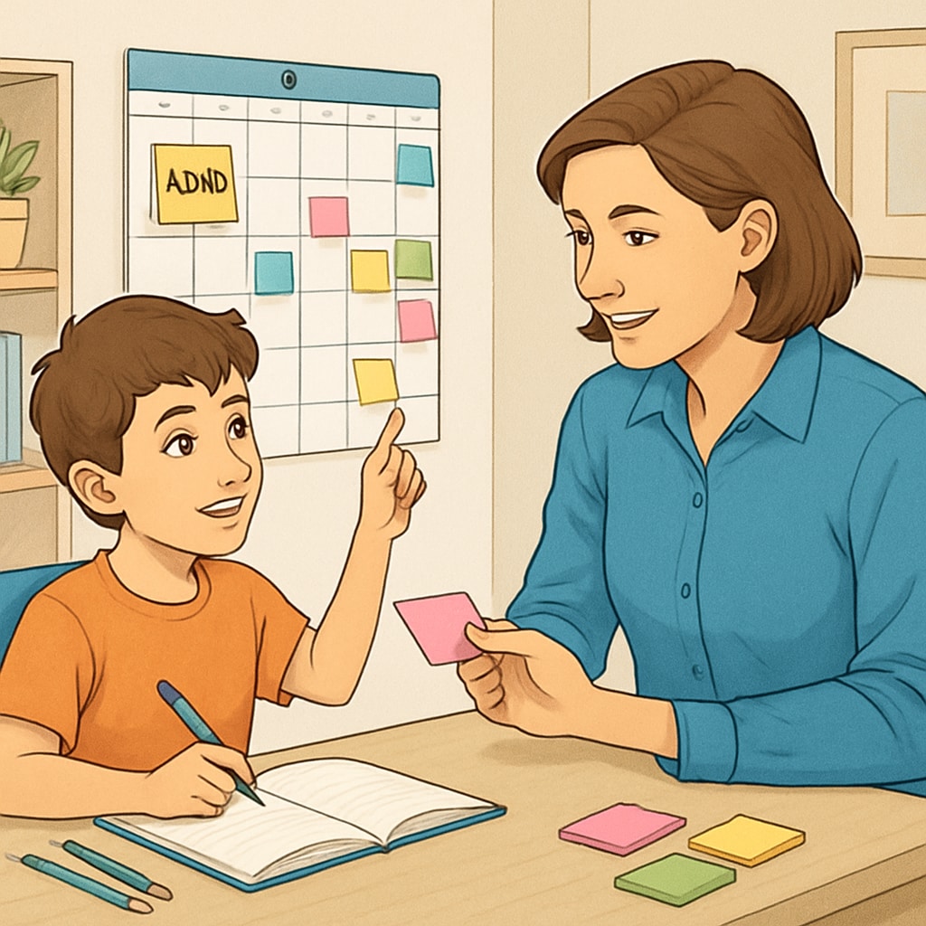 Parent assisting ADHD child with executive function tasks using sticky notes and a calendar.