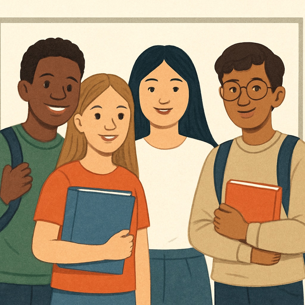 A symbolic representation of a diverse student group showing unity and inclusivity. Diverse students united, representing inclusivity and equality in gender policy discussions.