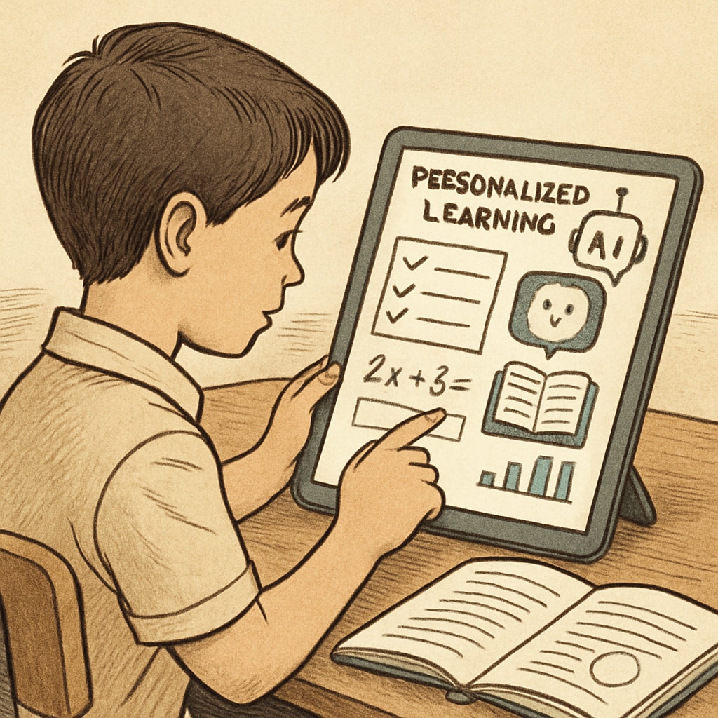 A student using an AI-powered educational platform on a tablet, representing personalized learning in K12 education. AI-powered personalized learning in K12 education