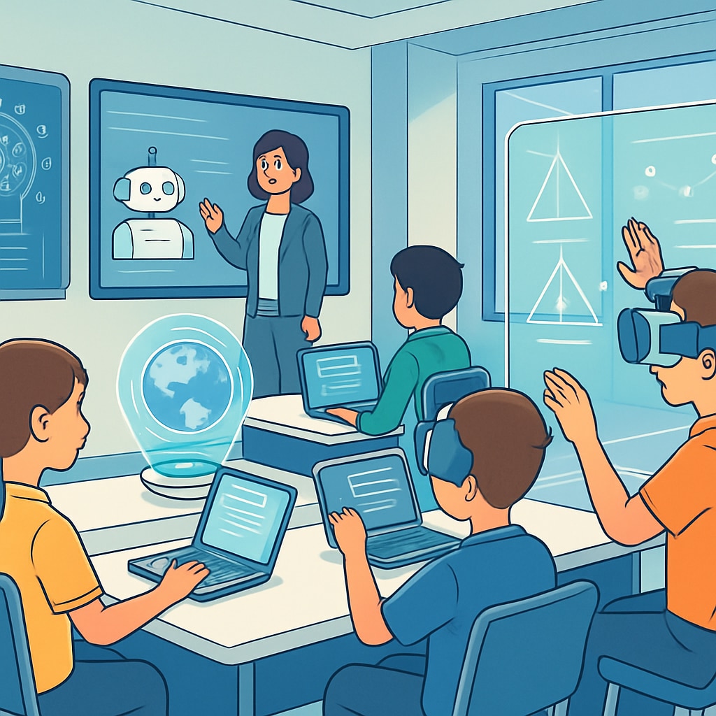 A futuristic classroom where students interact with AI-driven learning systems, showcasing advanced technologies like holograms and virtual reality. AI-driven futuristic classroom demonstrating advanced learning technologies.