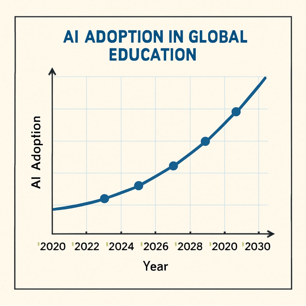 A chart showcasing the growth of AI adoption in global education from 2020 to 2030. Growth of AI adoption in global education