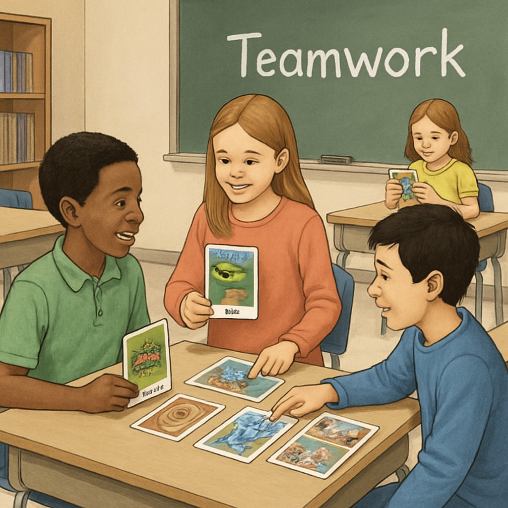 An engaging classroom setting where students are collaboratively working on Zoom and ReZoom activity cards. Students working on Zoom and ReZoom sequence activity in a classroom setting.