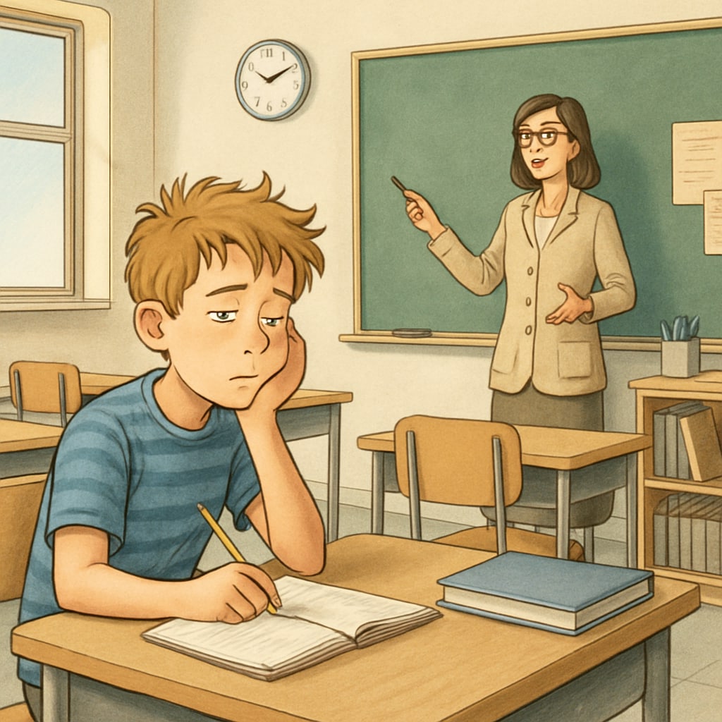 A classroom setting with a teacher at the front and a student appearing distracted, highlighting the challenges ADHD students face in traditional learning environments. ADHD student in a classroom setting, facing challenges in traditional gifted education.