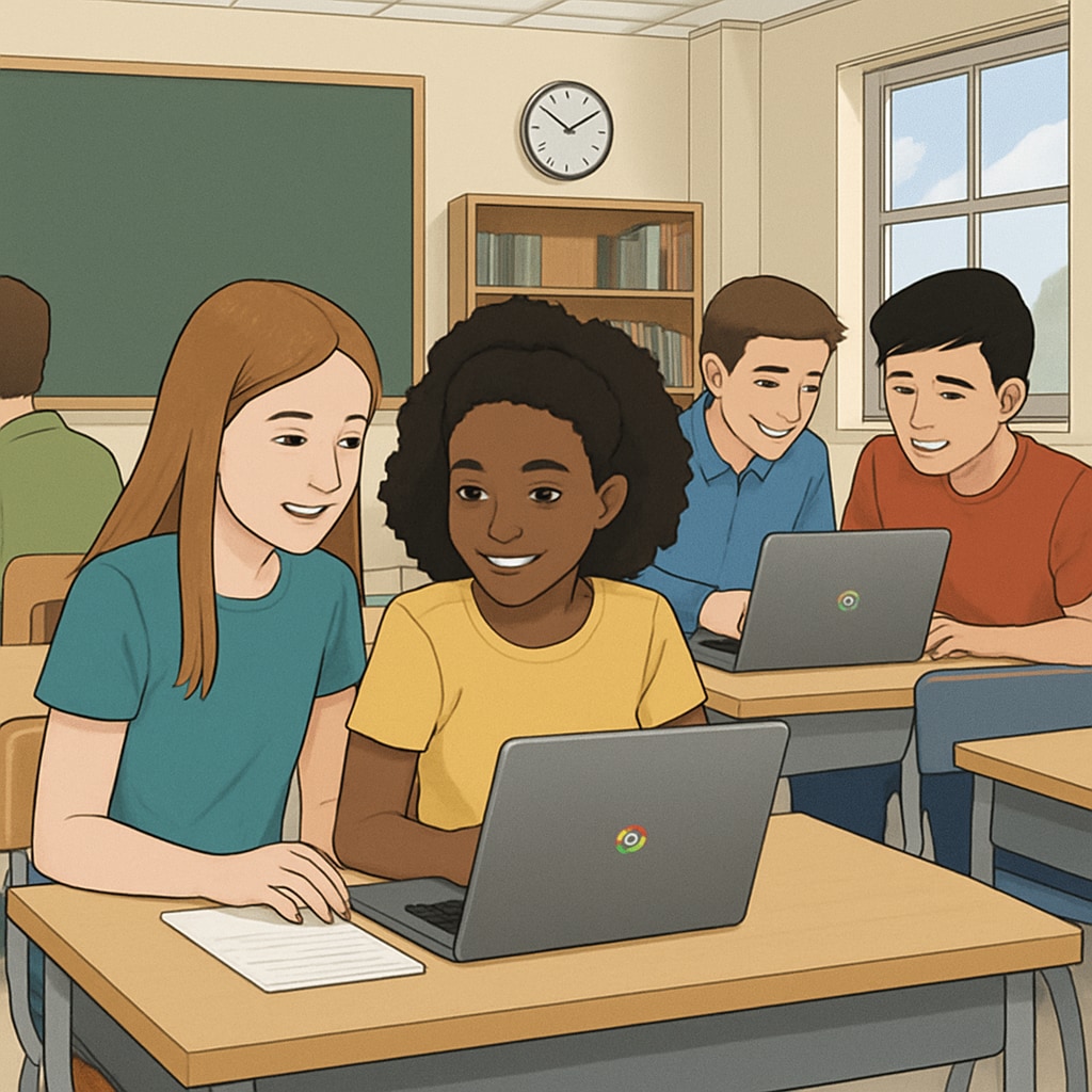 A modern classroom with students using Chromebooks to complete assignments collaboratively. Students using Chromebooks in a tech-enhanced classroom to enhance efficiency and collaboration.