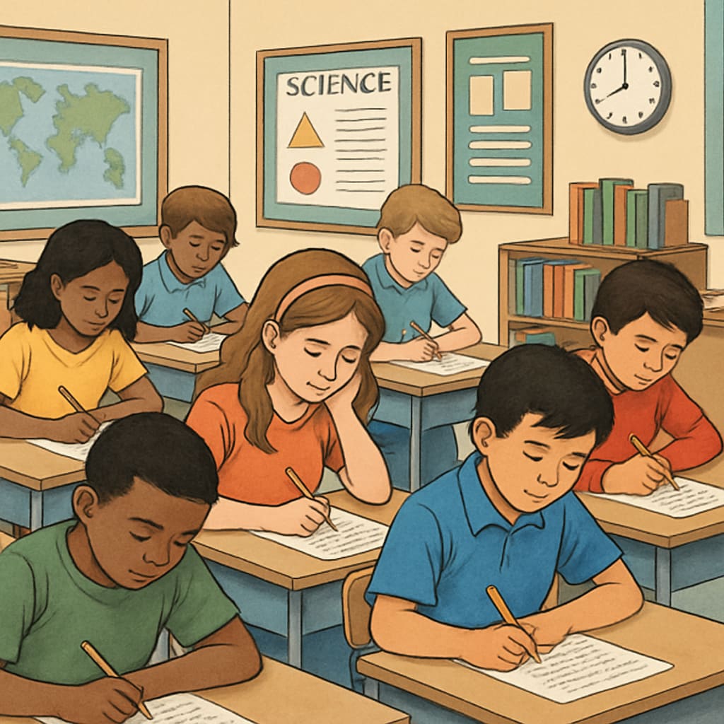 Diverse students taking a standardized test, highlighting biases affecting ADHD students.