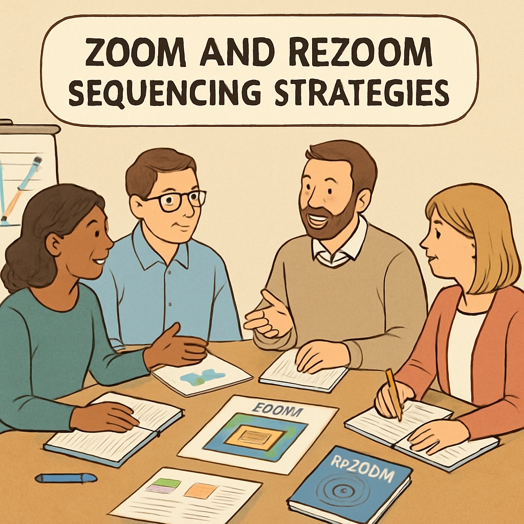 A group of teachers attending a workshop, discussing Zoom/ReZoom sequencing strategies. Teachers in a workshop learning about Zoom and ReZoom sequencing.