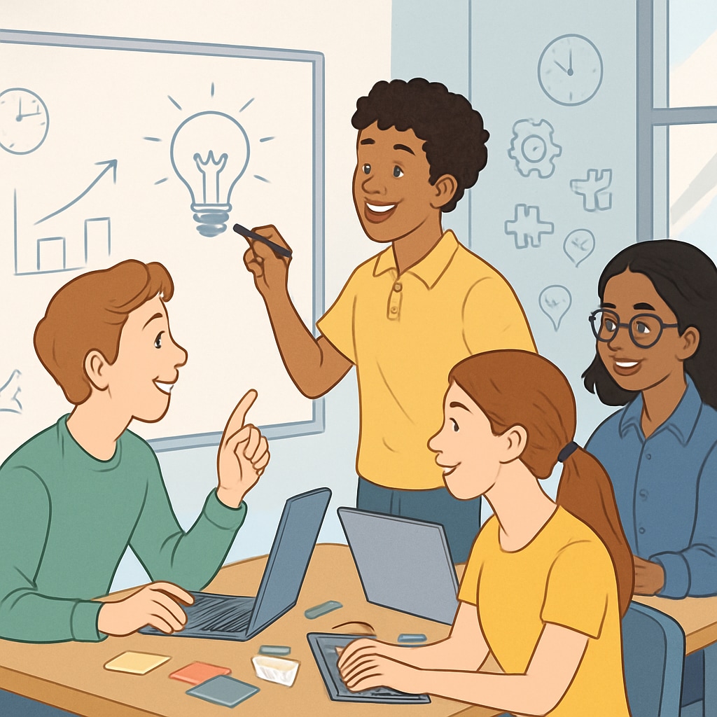 A creative workspace where young individuals collaborate, showcasing the innovative potential of diverse thinkers, including ADHD students. Collaborative workspace highlighting the innovative potential of ADHD students.