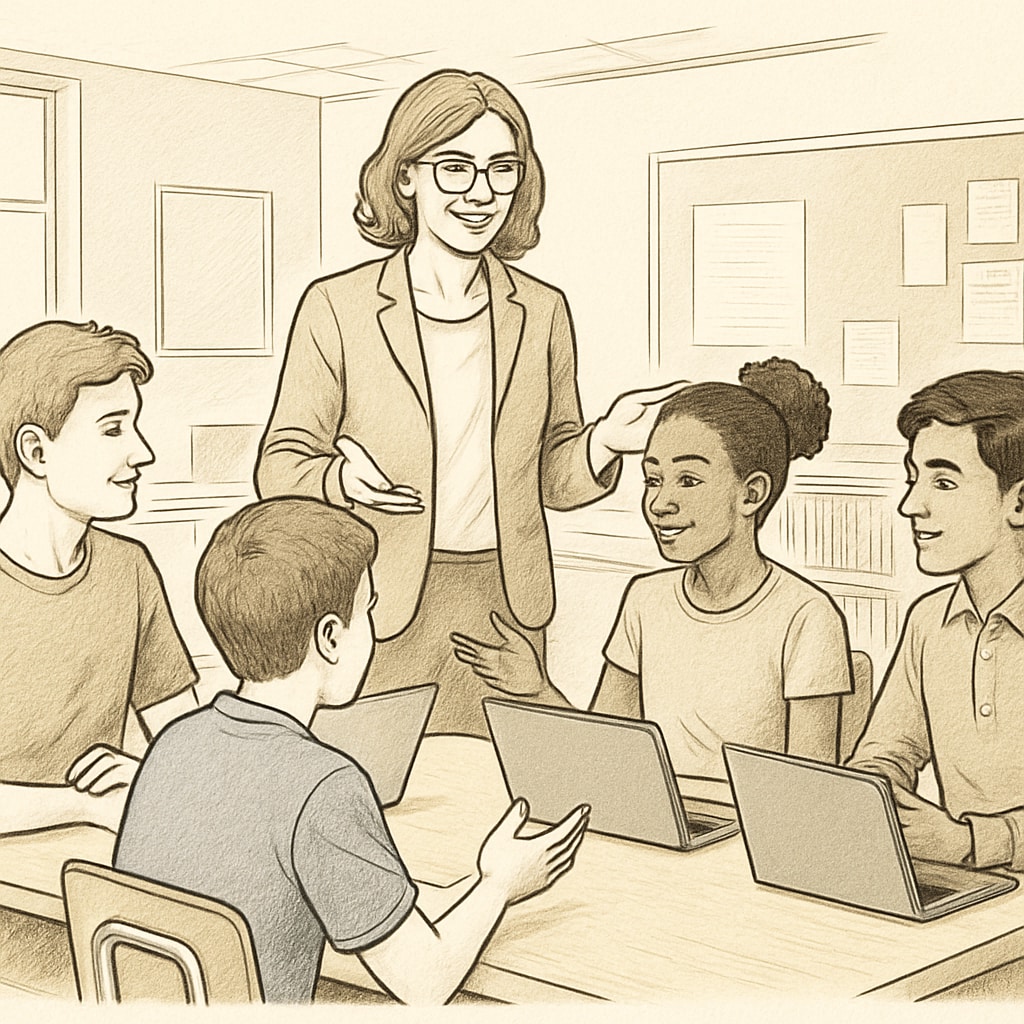 A teacher guiding students in a group discussion, with Chromebooks open but used minimally. A teacher leads a group discussion while Chromebooks remain secondary tools.
