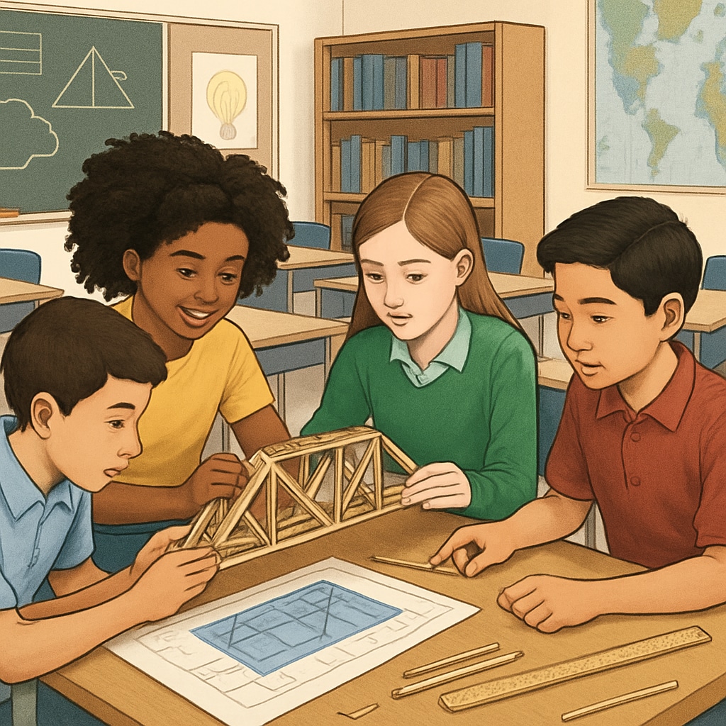 A classroom of students engaged in a STEM activity, working together on a model bridge design project. Students collaborating on a STEM project, foundational for design engineering careers.