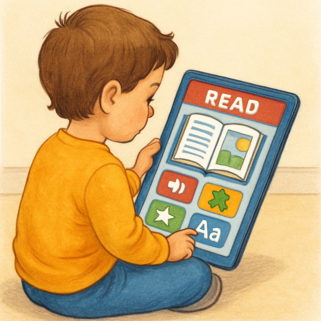 A child sitting with a tablet, engrossed in a colorful reading app interface. Child using children's reading app during testing.